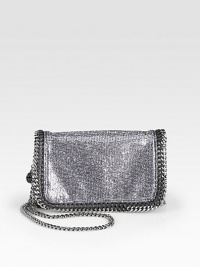 Faux leather details accent this textured metallic style with shiny link chain trim that follows the brand's vegetarian initiatives.Concealable chain shoulder strap, 25 dropMagnetic snap closureOne inside open pocketFully lined8W X 5H X 2DMade in Italy Faux leather details accent this textured metallic style with shiny link chain trim that follows the brand's vegetarian initiatives.Concealable chain shoulder strap, 25 dropMagnetic snap closureOne inside open pocketFully lined8W X 5H X 2DMade in Italy