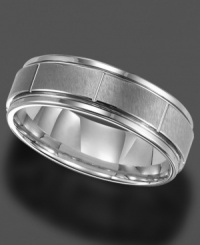 Finish with a bang. This handsome ring is crafted in tungsten. 7 mm band. Sizes 8-15. Finish with a bang. This handsome ring is crafted in tungsten. 7 mm band. Sizes 8-15.