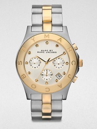 A technical, two-tone stainless steel timepiece with brilliant rhinestone markers. Quartz movementWater resistant to 5 ATMRound stainless steel case, 40mm (1.6)Logo engraved goldtone ion-plated bezelSilvertone chronograph dialRhinestone hour markersDate display between 4 and 5 o'clockSecond hand Two-tone stainless steel link braceletImported A technical, two-tone stainless steel timepiece with brilliant rhinestone markers. Quartz movementWater resistant to 5 ATMRound stainless steel case, 40mm (1.6)Logo engraved goldtone ion-plated bezelSilvertone chronograph dialRhinestone hour markersDate display between 4 and 5 o'clockSecond hand Two-tone stainless steel link braceletImported