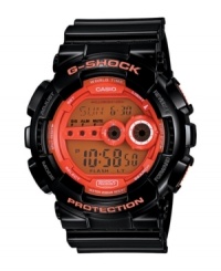 Bigger is better so strap on this larger-than-life watch by G-Shock. Black resin strap and round case with logo at bezel. Orange digital display dial features shock resistance, auto LED, flash alert, world time, five independent alarms, stopwatch, countdown timer, 12/24-hour formats, multi-home time and 7-year battery. Quartz movement. Water resistant to 200 meters. One-year limited warranty. Bigger is better so strap on this larger-than-life watch by G-Shock. Black resin strap and round case with logo at bezel. Orange digital display dial features shock resistance, auto LED, flash alert, world time, five independent alarms, stopwatch, countdown timer, 12/24-hour formats, multi-home time and 7-year battery. Quartz movement. Water resistant to 200 meters. One-year limited warranty.