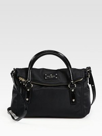 Soft, slouchy nylon pairs with lustrous patent leather in this roomy foldover bag.Double top handles, 2½ dropShoulder strap, 19½ dropFoldover zip closureProtective metal feetOne inside zip pocketCotton lining11½W X 10H X 5½DImported Soft, slouchy nylon pairs with lustrous patent leather in this roomy foldover bag.Double top handles, 2½ dropShoulder strap, 19½ dropFoldover zip closureProtective metal feetOne inside zip pocketCotton lining11½W X 10H X 5½DImported