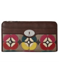 Fossil gives a nod to '70s flower power fashion with this irresistible applique clutch. Rich leather is adorned with flirty floral accents, while the pocket-lined interior stows your stash without a worry. Fossil gives a nod to '70s flower power fashion with this irresistible applique clutch. Rich leather is adorned with flirty floral accents, while the pocket-lined interior stows your stash without a worry.