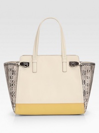 A fascinating combination of smooth leather and textured python gives this signature Salvatore Ferragamo design instant appeal.Double top handle, 8 dropZipper closureTwo outside zipper pocketsOne inside zipper pocketTwo inside open pocketsLeather lining13¼W X 7H X 2½DImported A fascinating combination of smooth leather and textured python gives this signature Salvatore Ferragamo design instant appeal.Double top handle, 8 dropZipper closureTwo outside zipper pocketsOne inside zipper pocketTwo inside open pocketsLeather lining13¼W X 7H X 2½DImported