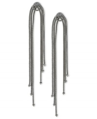 Strands of silver tone metal give a faux-knotted impression on these drop earrings from BCBGeneration. Triangle accents are added at the ends. Crafted in rhodium-plated mixed metal. Approximate drop: 3 inches. Strands of silver tone metal give a faux-knotted impression on these drop earrings from BCBGeneration. Triangle accents are added at the ends. Crafted in rhodium-plated mixed metal. Approximate drop: 3 inches.