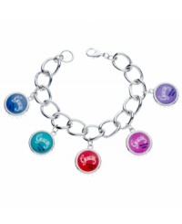 Embrace your favorite designer with this 1950's-inspired style. The signature GUESS logo adorns each of these brightly-hued enamel charms. Set in silver tone mixed metal. Approximate length: 7-1/2 inches. Approximate drop: 1/2 inch. Embrace your favorite designer with this 1950's-inspired style. The signature GUESS logo adorns each of these brightly-hued enamel charms. Set in silver tone mixed metal. Approximate length: 7-1/2 inches. Approximate drop: 1/2 inch.