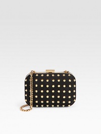 Black nubuck leather minaudiere with allover studs and a chain strap. Chain shoulder strap, 7½ dropTop clasp closureLeather lining6W X 4H X 2DMade in Italy Black nubuck leather minaudiere with allover studs and a chain strap. Chain shoulder strap, 7½ dropTop clasp closureLeather lining6W X 4H X 2DMade in Italy