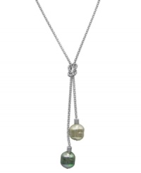 From the island of Mallorca, Spain, this love knot lariat pendant features gray and nuage organic man-made baroque pearls (14 mm) on a sterling silver chain. Approximate length: 16-18 inches. Approximate drop: 4 inches. From the island of Mallorca, Spain, this love knot lariat pendant features gray and nuage organic man-made baroque pearls (14 mm) on a sterling silver chain. Approximate length: 16-18 inches. Approximate drop: 4 inches.