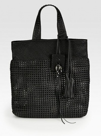 Strips of luxurious nappa leather woven into a geometric, lace design accented with two decorative tassels.Braided double top handles, 7½ dropMagnetic top closureOne detachable zip pouch15½W X 14H X 3½DImported Strips of luxurious nappa leather woven into a geometric, lace design accented with two decorative tassels.Braided double top handles, 7½ dropMagnetic top closureOne detachable zip pouch15½W X 14H X 3½DImported