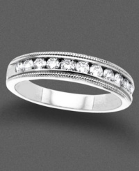 Striking style. Sparkling round-cut diamond (1/2 ct. t.w.) lie in a row in an etched setting of 14k white gold. Striking style. Sparkling round-cut diamond (1/2 ct. t.w.) lie in a row in an etched setting of 14k white gold.