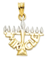 Celebrate the season with this festive charm. Crafted in 14k gold and sterling silver, this intricate menorah features the word Miracle written across the front. Chain not included. Approximate length: 8/10 inch. Approximate width: 7/10 inch. Celebrate the season with this festive charm. Crafted in 14k gold and sterling silver, this intricate menorah features the word Miracle written across the front. Chain not included. Approximate length: 8/10 inch. Approximate width: 7/10 inch.