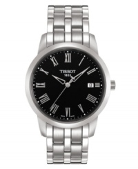 A stalwart every day watch with timeless style by Tissot. Stainless steel bracelet and round case. Black dial with silvertone Roman numerals, logo and date window. Quartz movement. Water resistant to 30 meters. Two-year limited warranty. A stalwart every day watch with timeless style by Tissot. Stainless steel bracelet and round case. Black dial with silvertone Roman numerals, logo and date window. Quartz movement. Water resistant to 30 meters. Two-year limited warranty.