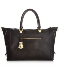 Stay on trend with this gorgeous Steve Madden tote ideal for the busy girl-on-the-go. A portable silhouette covered in a sleek python print with shiny gold-tone hardware and unique side zipper detailing. Stay on trend with this gorgeous Steve Madden tote ideal for the busy girl-on-the-go. A portable silhouette covered in a sleek python print with shiny gold-tone hardware and unique side zipper detailing.