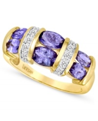 Purple reigns in this ring from Le Vian. Oval-cut tanzanite stones (2 ct. t.w.) are set in a ring crafted from 14k gold that's adorned with round-cut diamonds (1/10 ct. t.w.) for a stylish effect. Size 7. Purple reigns in this ring from Le Vian. Oval-cut tanzanite stones (2 ct. t.w.) are set in a ring crafted from 14k gold that's adorned with round-cut diamonds (1/10 ct. t.w.) for a stylish effect. Size 7.
