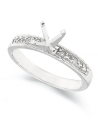 Start off your one-of-a-kind engagement ring by selecting your favorite ring setting. This stunning ring setting features a 4-prong design in 14k white gold with round-cut diamonds at the shoulders (1/6 ct. t.w.). Band width: 3 mm. Available in whole sizes 6-9. Start off your one-of-a-kind engagement ring by selecting your favorite ring setting. This stunning ring setting features a 4-prong design in 14k white gold with round-cut diamonds at the shoulders (1/6 ct. t.w.). Band width: 3 mm. Available in whole sizes 6-9.