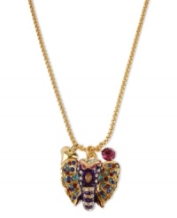 Pretty pachyderms. This Betsey Johnson pendant necklace showcases a colorful elephant with crystal accents, fuchsia crystal accents and a gold tone bubble heart. Crafted in antiqued gold tone mixed metal. Approximate length: 16 inches + 3-inch extender. Approximate drop: 1-1/4 inches. Pretty pachyderms. This Betsey Johnson pendant necklace showcases a colorful elephant with crystal accents, fuchsia crystal accents and a gold tone bubble heart. Crafted in antiqued gold tone mixed metal. Approximate length: 16 inches + 3-inch extender. Approximate drop: 1-1/4 inches.