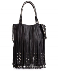 Channel your inner hippie chic with this '70s-inspired design from Steve Madden, featuring fun fringe with edgy stud accents. Shoulder-right and sized for the essentials, it's the best retro recall of the season. Channel your inner hippie chic with this '70s-inspired design from Steve Madden, featuring fun fringe with edgy stud accents. Shoulder-right and sized for the essentials, it's the best retro recall of the season.