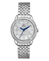 Extravagant simplicity, by Bulova. Watch crafted of stainless steel bracelet and round case. Bezel accented with diamonds in a swirl design. White mother-of-pearl dial with an inner dial of 219 hand-set diamonds (3/4 ct. t.w.). Dial also features diamond accent markers, blue metallic hour and minute hands, continuously sweeping second hand and logo. Quartz movement. Water resistant to 30 meters. Three-year warranty. Extravagant simplicity, by Bulova. Watch crafted of stainless steel bracelet and round case. Bezel accented with diamonds in a swirl design. White mother-of-pearl dial with an inner dial of 219 hand-set diamonds (3/4 ct. t.w.). Dial also features diamond accent markers, blue metallic hour and minute hands, continuously sweeping second hand and logo. Quartz movement. Water resistant to 30 meters. Three-year warranty.