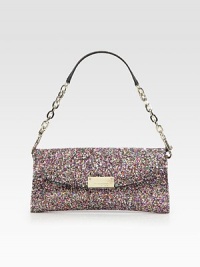 Make it an evening with this dazzling flap-front bag of glitter-encrusted cotton.Chain shoulder strap, 5¾ dropFlap snap closureOne inside zip pocketSix credit card slotsFully lined9¼W X 5¼H X 1DMade in Italy Make it an evening with this dazzling flap-front bag of glitter-encrusted cotton.Chain shoulder strap, 5¾ dropFlap snap closureOne inside zip pocketSix credit card slotsFully lined9¼W X 5¼H X 1DMade in Italy