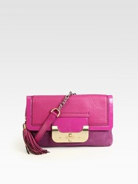 Carry your essentials in style with this luxurious leather and suede design.Adjustable chain and leather shoulder strap, 11 dropTurnlock flap closureOne outside open pocketOne inside zip pocketFully lined12W X 7H X 1DImported Carry your essentials in style with this luxurious leather and suede design.Adjustable chain and leather shoulder strap, 11 dropTurnlock flap closureOne outside open pocketOne inside zip pocketFully lined12W X 7H X 1DImported