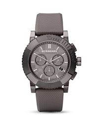 The trench rubber strap and triple chronograph sunray dial deem this sporty Burberry watch a classic in the making The trench rubber strap and triple chronograph sunray dial deem this sporty Burberry watch a classic in the making