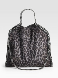 An animal printed faux suede style with shiny link chain trim in a chic fold-over design that follows the brand's vegetarian initiatives.Double chain top handles, 5 dropChain shoulder strap, 11 dropMagnetic snap closureOne inside zip pocketFully lined14W X 14½H X 3DMade in Italy An animal printed faux suede style with shiny link chain trim in a chic fold-over design that follows the brand's vegetarian initiatives.Double chain top handles, 5 dropChain shoulder strap, 11 dropMagnetic snap closureOne inside zip pocketFully lined14W X 14½H X 3DMade in Italy