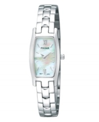 Pair this angelic Pulsar timepiece with your dearest dress for a truly special evening. Crafted of stainless steel bracelet and rounded rectangular case. Mother-of-pearl dial features silver-tone Roman numerals at six and twelve o'clock, applied stick indices, hour and minute hands and logo. Quartz movement. Water resistant to 30 meters. Three-year limited warranty. Pair this angelic Pulsar timepiece with your dearest dress for a truly special evening. Crafted of stainless steel bracelet and rounded rectangular case. Mother-of-pearl dial features silver-tone Roman numerals at six and twelve o'clock, applied stick indices, hour and minute hands and logo. Quartz movement. Water resistant to 30 meters. Three-year limited warranty.