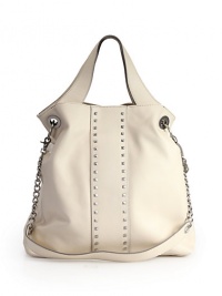 THE LOOKFlat leather top strapsRemovable chain-and-leather shoulder strapPebbled leather bodyPyramid studs down the centerMagnetic snap top closureOne inside zip pocketTwo inside open pocketsInside logo detailTHE MEASUREMENTShoulder straps, 15 drop14W X 13½H X 5DTHE MATERIALLeatherFully linedORIGINImported THE LOOKFlat leather top strapsRemovable chain-and-leather shoulder strapPebbled leather bodyPyramid studs down the centerMagnetic snap top closureOne inside zip pocketTwo inside open pocketsInside logo detailTHE MEASUREMENTShoulder straps, 15 drop14W X 13½H X 5DTHE MATERIALLeatherFully linedORIGINImported