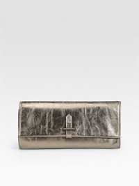 A simply chic style in a glamorous metallic leather.Snap flap closureTwo outside open pocketsOne inside open pocketCotton lining10W X 5H X 1DImported A simply chic style in a glamorous metallic leather.Snap flap closureTwo outside open pocketsOne inside open pocketCotton lining10W X 5H X 1DImported