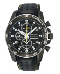 Dusky timepiece by Seiko with an added alarm function for those early days. Crafted of black perforated leather strap with yellow stitching and black ion-plated stainless steel round case. Tachymeter scale at the black bezel. Black chronograph dial features white numerals, applied dot indices at markers, minute track, three subdials including alarm function, white cut-out hour and minute hands, yellow second hand and logo. Quartz movement. Water resistant to 100 meters. Three-year limited warranty. Dusky timepiece by Seiko with an added alarm function for those early days. Crafted of black perforated leather strap with yellow stitching and black ion-plated stainless steel round case. Tachymeter scale at the black bezel. Black chronograph dial features white numerals, applied dot indices at markers, minute track, three subdials including alarm function, white cut-out hour and minute hands, yellow second hand and logo. Quartz movement. Water resistant to 100 meters. Three-year limited warranty.