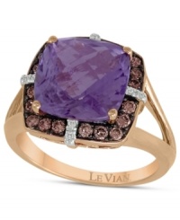 The total package. Le Vian's stunning cushion-cut amethyst ring (4-1/2 ct. t.w.) pops against a frame of round-cut chocolate diamonds (1/3 ct. t.w.) and white diamond accents. Split band set in 14k rose gold. Size 7. The total package. Le Vian's stunning cushion-cut amethyst ring (4-1/2 ct. t.w.) pops against a frame of round-cut chocolate diamonds (1/3 ct. t.w.) and white diamond accents. Split band set in 14k rose gold. Size 7.