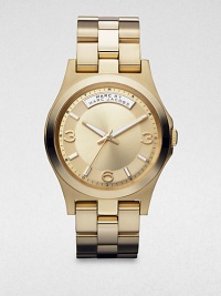 A radiant timepiece with a clean and minimalist design. Quartz movementWater resistant to 5 ATMRound goldtone stainless steel case, 40mm (1.6)Smooth bezelGoldtone dialNumeric and dash hour markersSecond hand Goldtone stainless steel link braceletImported A radiant timepiece with a clean and minimalist design. Quartz movementWater resistant to 5 ATMRound goldtone stainless steel case, 40mm (1.6)Smooth bezelGoldtone dialNumeric and dash hour markersSecond hand Goldtone stainless steel link braceletImported