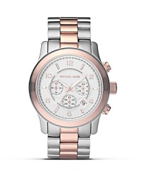 Adopt a feminine approach to accessorizing with this silver and rose gold plated watch from MICHAEL Michael Kors, boasting a boldly sized face and two-tone bracelet. Adopt a feminine approach to accessorizing with this silver and rose gold plated watch from MICHAEL Michael Kors, boasting a boldly sized face and two-tone bracelet.