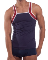 Croota Mens Tank Top, Undershirt, Gymwear, Square Cut, Navy (Red Trim) Croota Mens Tank Top, Undershirt, Gymwear, Square Cut, Navy (Red Trim)