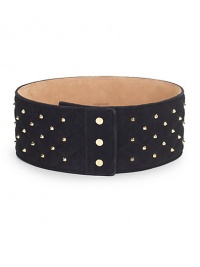 THE LOOKQuilted suede construction with studded detailStud closureTHE MEASUREMENTWidth, 4½THE MATERIALLeatherORIGINMade in Italy THE LOOKQuilted suede construction with studded detailStud closureTHE MEASUREMENTWidth, 4½THE MATERIALLeatherORIGINMade in Italy