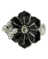 Delightfully Deco-inspired. Jet epoxy and glittering glass accents lend an elegant Art Deco aesthetic to GUESS' flower and butterfly stretch ring. Crafted in silver tone mixed metal. Ring adjusts to fit finger. Delightfully Deco-inspired. Jet epoxy and glittering glass accents lend an elegant Art Deco aesthetic to GUESS' flower and butterfly stretch ring. Crafted in silver tone mixed metal. Ring adjusts to fit finger.