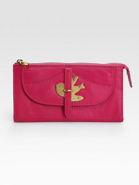 Signature swallow hardware defines this sleek flap-front design, crafted from supple leather.Top-zip closure One outside flap pocket One inside zip pocket One inside open pocket Eight credit card slots Fully lined 7½W X 4H X 1/2D Imported Signature swallow hardware defines this sleek flap-front design, crafted from supple leather.Top-zip closure One outside flap pocket One inside zip pocket One inside open pocket Eight credit card slots Fully lined 7½W X 4H X 1/2D Imported