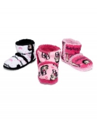 Cute and cozy, these plush booties feature the iconic Betty Boop image for adorable signature style. It's impossible to own just one pair. Cute and cozy, these plush booties feature the iconic Betty Boop image for adorable signature style. It's impossible to own just one pair.