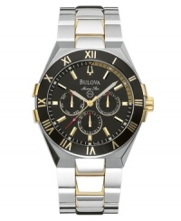 Tricked-out timepiece with a sporty luxe edge. Stainless steel bracelet and case with goldtone accents. Black chronograph dial with logo, three subdials and polished goldtone indexes. Three hands. Quartz movement. Water resistant to 100 meters. Two-year limited warranty. Tricked-out timepiece with a sporty luxe edge. Stainless steel bracelet and case with goldtone accents. Black chronograph dial with logo, three subdials and polished goldtone indexes. Three hands. Quartz movement. Water resistant to 100 meters. Two-year limited warranty.