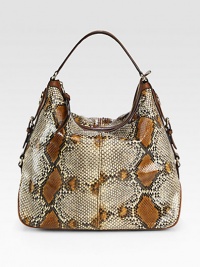 Rich genuine python with leather trim in a roomy carryall.Top handle, 6½ dropTop zip closureOne inside zip pocketTwo inside open pocketsFully lined14W X 12½H X 6½DMade in Italy Rich genuine python with leather trim in a roomy carryall.Top handle, 6½ dropTop zip closureOne inside zip pocketTwo inside open pocketsFully lined14W X 12½H X 6½DMade in Italy