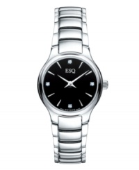 Classic tailoring with an easy-going attitude. Elan watch by ESQ by Movado crafted of stainless steel bracelet and round case. Black dial features diamond accent markers at twelve, three, six and nine o'clock, silver tone stick indices, two hands and logo. Swiss quartz movement. Water resistant to 30 meters. Two-year limited warranty. Classic tailoring with an easy-going attitude. Elan watch by ESQ by Movado crafted of stainless steel bracelet and round case. Black dial features diamond accent markers at twelve, three, six and nine o'clock, silver tone stick indices, two hands and logo. Swiss quartz movement. Water resistant to 30 meters. Two-year limited warranty.