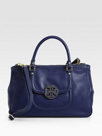 A luxurious pebbled leather style accented with a self-covered logo emblem and multi-compartment design.Double top handles, 5 dropDetachable adjustable shoulder strap, 13½-25 dropMagnetic snap closureThree inner compartmentsOne outside flap pocketOne outside open pocketOne inside zip pocketTwo inside open pocketsOne mirrorCotton lining14W X 9½H X 5DImportedPlease note: Hardware may vary A luxurious pebbled leather style accented with a self-covered logo emblem and multi-compartment design.Double top handles, 5 dropDetachable adjustable shoulder strap, 13½-25 dropMagnetic snap closureThree inner compartmentsOne outside flap pocketOne outside open pocketOne inside zip pocketTwo inside open pocketsOne mirrorCotton lining14W X 9½H X 5DImportedPlease note: Hardware may vary