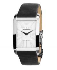 Emporio Armani gives a modern spirit to the classic dress watch. Black leather strap and rectangular stainless steel case. Silver tone dial features Roman numerals at markers, black minute track, two hands and logo at twelve o'clock. Quartz movement. Water resistant to 30 meters. Two-year limited warranty. Emporio Armani gives a modern spirit to the classic dress watch. Black leather strap and rectangular stainless steel case. Silver tone dial features Roman numerals at markers, black minute track, two hands and logo at twelve o'clock. Quartz movement. Water resistant to 30 meters. Two-year limited warranty.