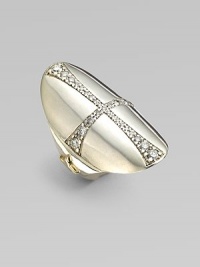 A striking heraldic-style cross on a smooth silver oval is delineated in shimmering diamonds, with accents of 14k gold on the wide, smooth band.Diamonds, .70 tcwSterling silver and 14k yellow goldLength, about 1Made in USA