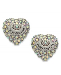 Follow your heart. These ladylike heart stud earrings feature multi-color pave crystals and a silver tone logo banner. Crafted from silver tone mixed metal. Approximate diameter: 3/8 inch. Follow your heart. These ladylike heart stud earrings feature multi-color pave crystals and a silver tone logo banner. Crafted from silver tone mixed metal. Approximate diameter: 3/8 inch.