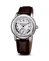 Frédérique Constant's World Timer watch boasts a sophisticated dial with remarkable refinement. Decoration of the movement is to the highest standards, with Cotes de Geneve and Collimacon patterns, brightly shining due to the rhodium finish. Frédérique Constant's World Timer watch boasts a sophisticated dial with remarkable refinement. Decoration of the movement is to the highest standards, with Cotes de Geneve and Collimacon patterns, brightly shining due to the rhodium finish.
