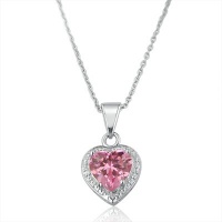 Sterling Silver 3ct Pink Ice Heart Pendant-Necklace 18 Chain Sterling Silver 3ct Pink Ice Heart Pendant-Necklace 18 Chain