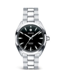 A solid stainless steel bezel frames a black stick dial. Features a scratch-resistant sapphire crystal. Fine Swiss automatic movement with exhibition case-back. Unisex. A solid stainless steel bezel frames a black stick dial. Features a scratch-resistant sapphire crystal. Fine Swiss automatic movement with exhibition case-back. Unisex.