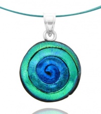 Sterling Silver Dichroic Glass Green Spiral Pendant Necklace on Stainless Steel Wire, 18 Sterling Silver Dichroic Glass Green Spiral Pendant Necklace on Stainless Steel Wire, 18