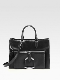 A structured carryall in luxuriously smooth leather with a stirrup detail.Double top handles, 5¼ dropDetachable shoulder strap, 18 dropOpen topOne outside flap pocketThree inner compartmentsTwo inside zip pocketsTwo inside open pocketsCotton lining15W X 11H X 6½DMade in Italy A structured carryall in luxuriously smooth leather with a stirrup detail.Double top handles, 5¼ dropDetachable shoulder strap, 18 dropOpen topOne outside flap pocketThree inner compartmentsTwo inside zip pocketsTwo inside open pocketsCotton lining15W X 11H X 6½DMade in Italy