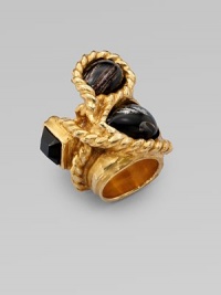 Held in an intriguing freeform setting decorated with a cable design, three different stones of beautiful glass are suspended above your finger.GlassGoldtoneWidth, about 1.1Made in Italy and imported Held in an intriguing freeform setting decorated with a cable design, three different stones of beautiful glass are suspended above your finger.GlassGoldtoneWidth, about 1.1Made in Italy and imported
